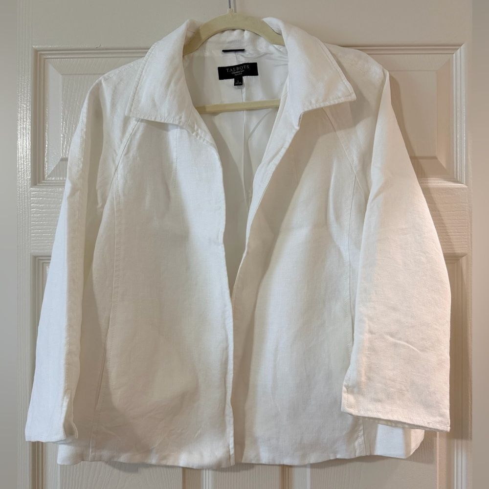 Talbots 100% Irish Linen White Blazer Open Front Jacket Size Large